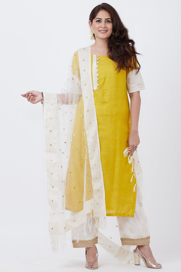 anokherang Combos Mustard Foil Patched Kurti with Off-White Palazzo and Ivory Sequeneced Organza Dupatta