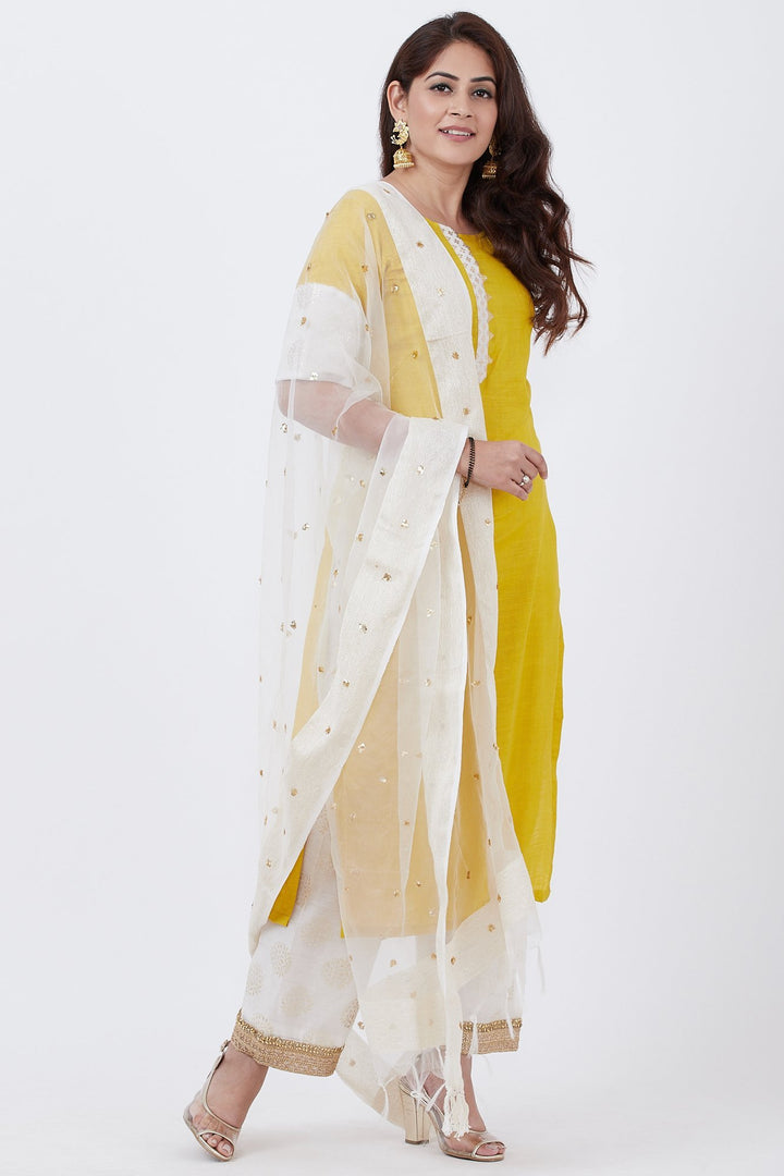 anokherang Combos Mustard Foil Patched Kurti with Off-White Palazzo and Ivory Sequeneced Organza Dupatta