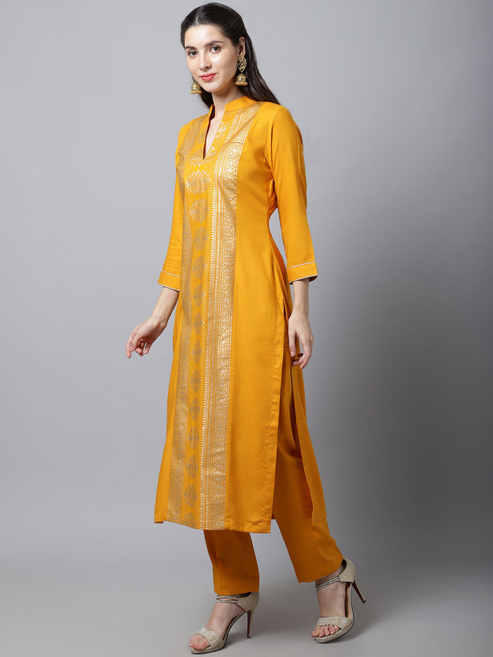 anokherang Combos Mustard Foil Printed Kurti With Straight Pants
