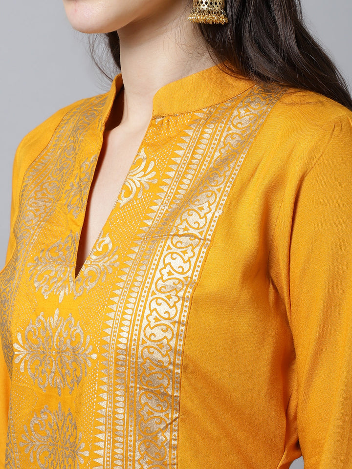 anokherang Combos Mustard Foil Printed Kurti With Straight Pants