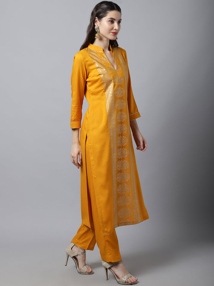 anokherang Combos Mustard Foil Printed Kurti With Straight Pants