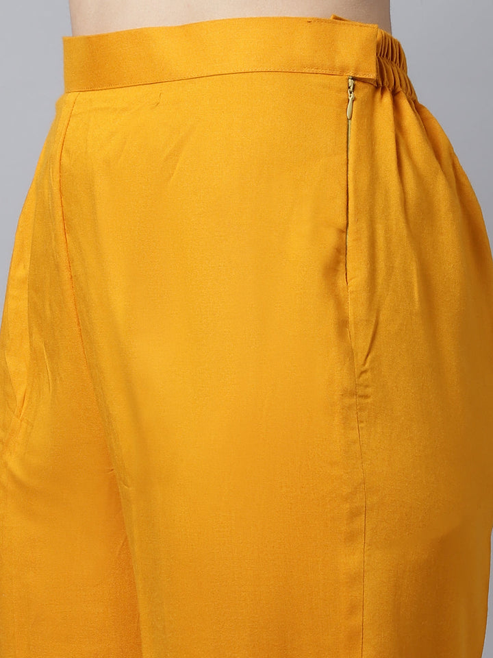 anokherang Combos Mustard Foil Printed Kurti With Straight Pants