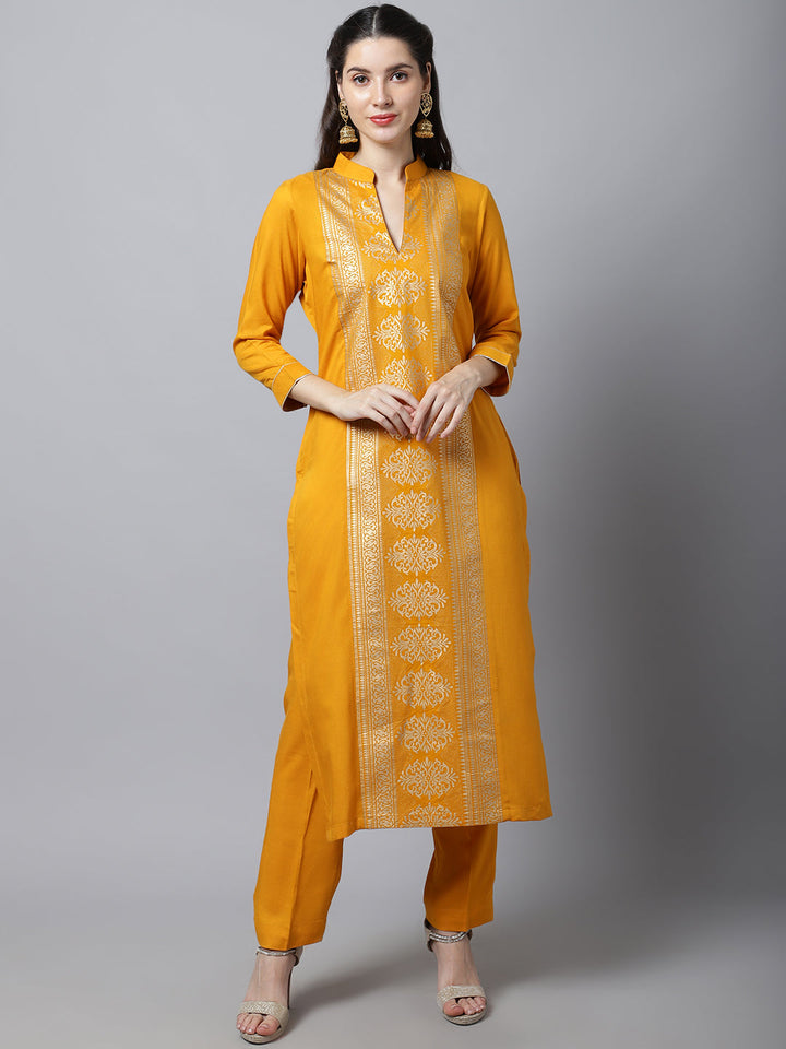 anokherang Combos Mustard Foil Printed Kurti With Straight Pants