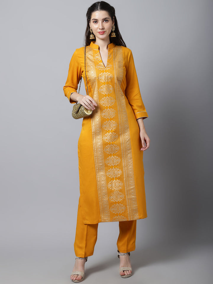 anokherang Combos Mustard Foil Printed Kurti With Straight Pants