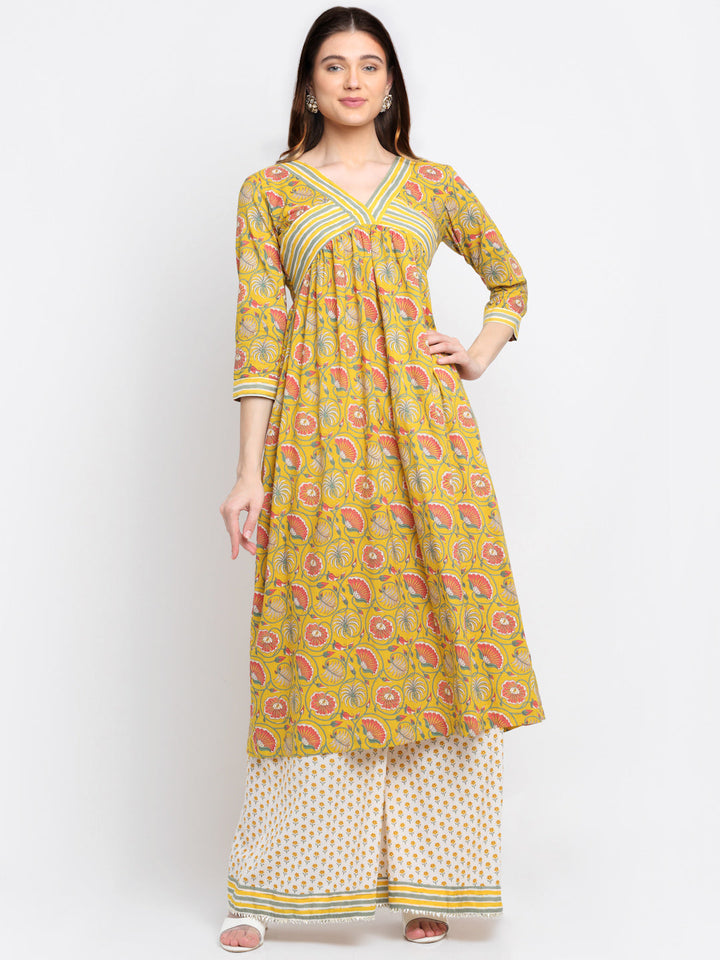 anokherang Combos Mustard Gathered Floral Kurti with Floral Palazzo