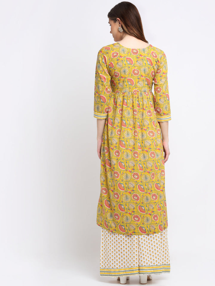 anokherang Combos Mustard Gathered Floral Kurti with Floral Palazzo