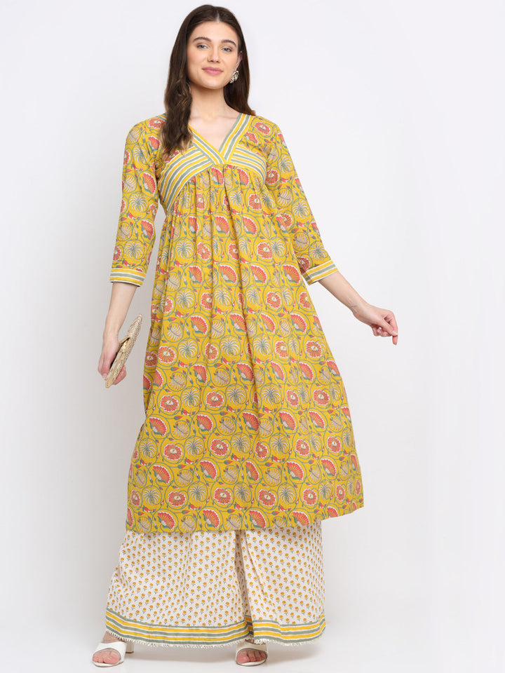 anokherang Combos Mustard Gathered Floral Kurti with Floral Palazzo
