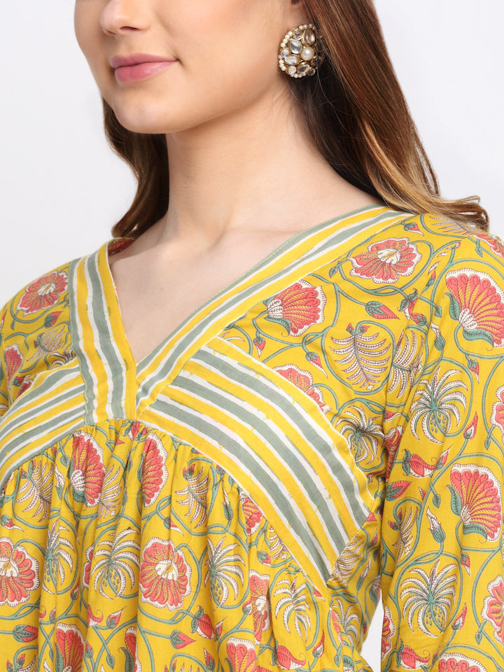 anokherang Combos Mustard Gathered Floral Kurti with Floral Palazzo