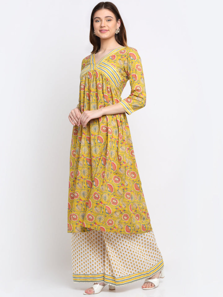 anokherang Combos Mustard Gathered Floral Kurti with Floral Palazzo