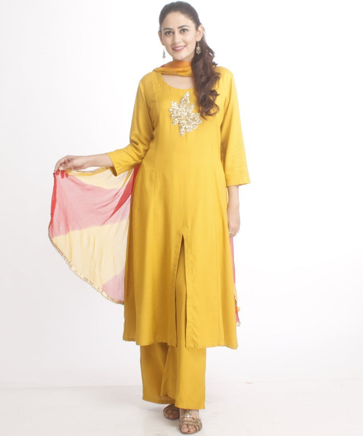 anokherang Combos Mustard Gold Kalidar Kurti with Straight Palazzo and Leheriya Dupatta