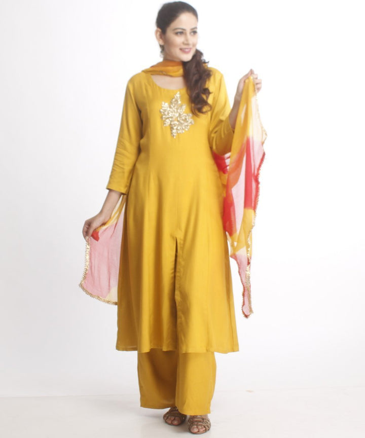 anokherang Combos Mustard Gold Kalidar Kurti with Straight Palazzo and Leheriya Dupatta