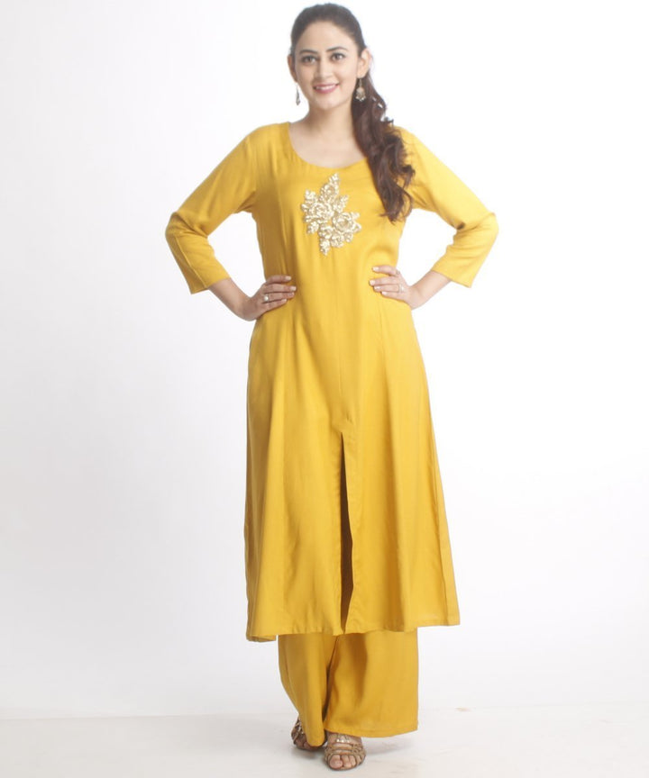 anokherang Combos Mustard Gold Kalidar Kurti with Straight Palazzo and Leheriya Dupatta