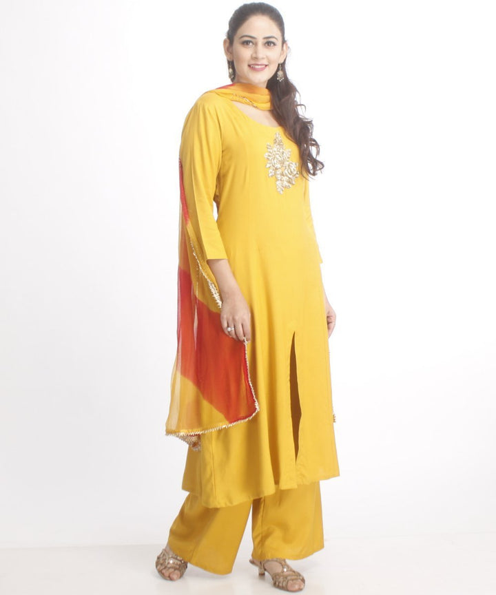 anokherang Combos Mustard Gold Kalidar Kurti with Straight Palazzo and Leheriya Dupatta