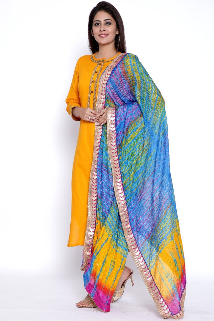 anokherang Combos Mustard Gota Kurti with Pants and Blue-Pink Tie Dye Dupatta