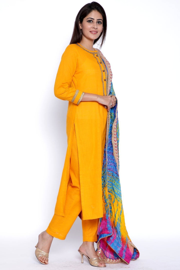 anokherang Combos Mustard Gota Kurti with Pants and Blue-Pink Tie Dye Dupatta