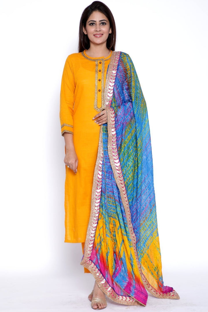 anokherang Combos Mustard Gota Kurti with Pants and Blue-Pink Tie Dye Dupatta