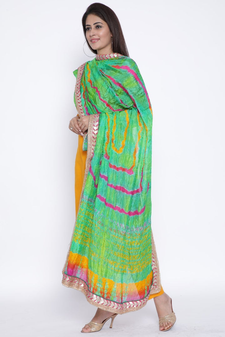 anokherang Combos Mustard Gota Kurti with Pants and Sea Green-Mustard Tie & Dye Dupatta