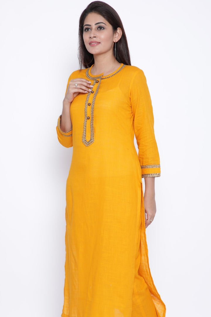 anokherang Combos Mustard Gota Kurti with Pants and Sea Green-Mustard Tie & Dye Dupatta