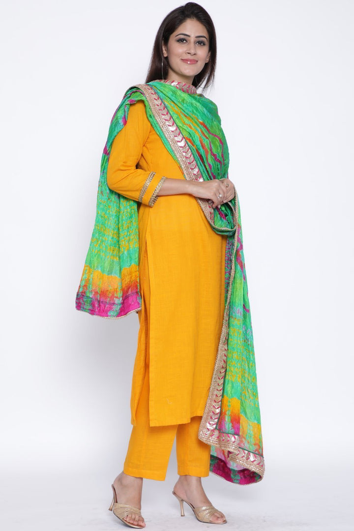 anokherang Combos Mustard Gota Kurti with Pants and Sea Green-Mustard Tie & Dye Dupatta