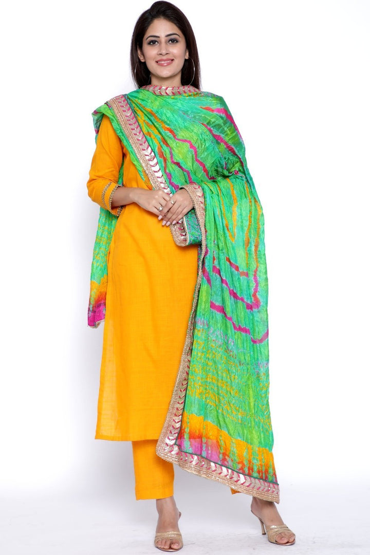 anokherang Combos Mustard Gota Kurti with Pants and Sea Green-Mustard Tie & Dye Dupatta