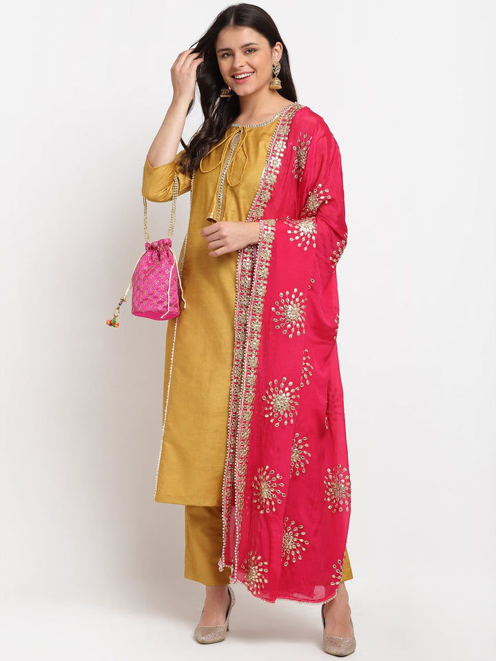 anokherang Combos Mustard Gota Straight Kurti with Pants and Gota Dupatta