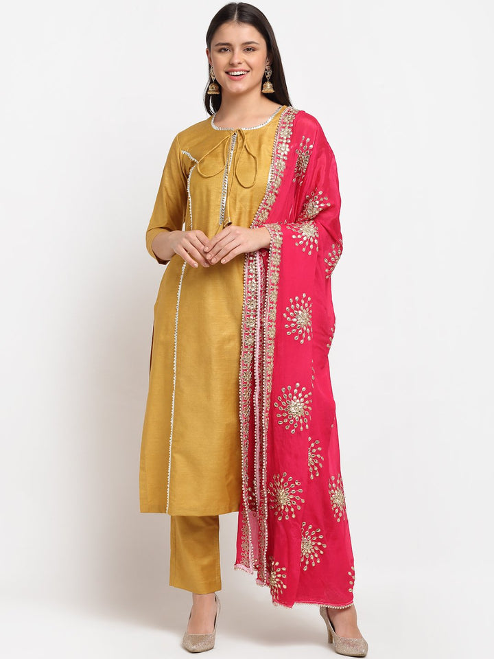 anokherang Combos Mustard Gota Straight Kurti with Pants and Gota Dupatta