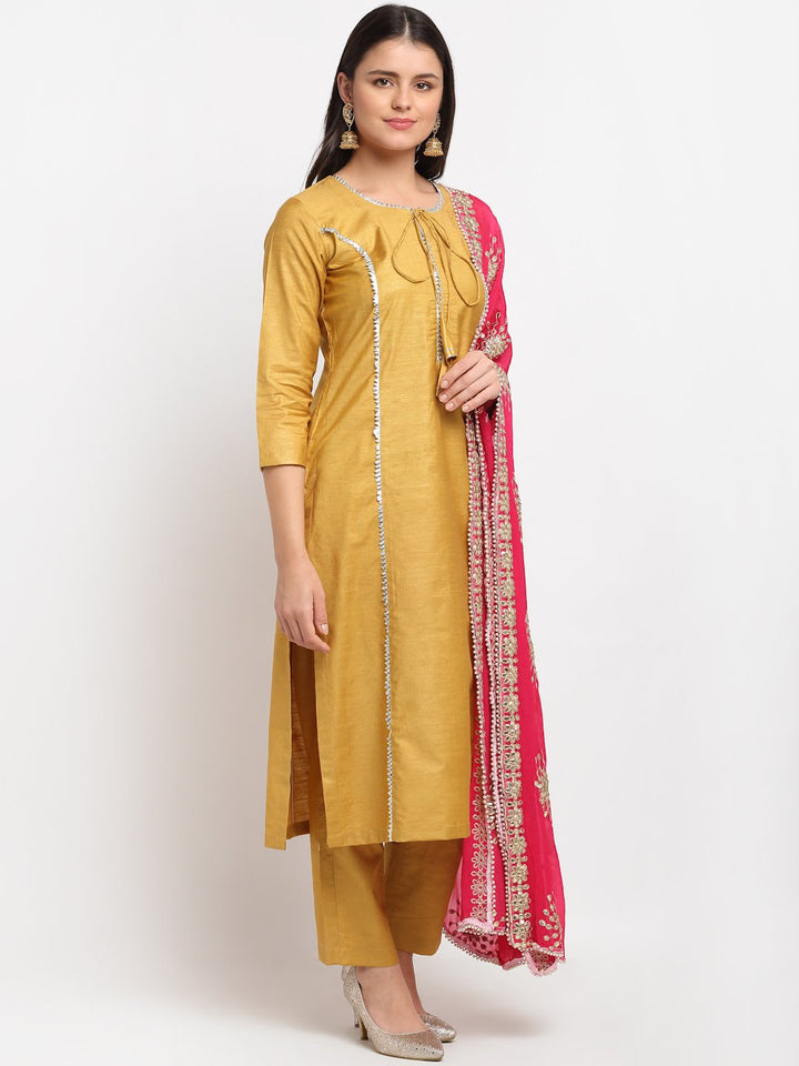 anokherang Combos Mustard Gota Straight Kurti with Pants and Gota Dupatta