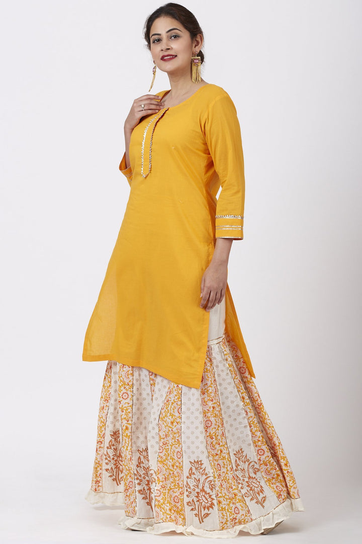 anokherang Combos Mustard Gotta Kurti with Mustard Khadhi Floral Printed Kali Ruffle Gharara