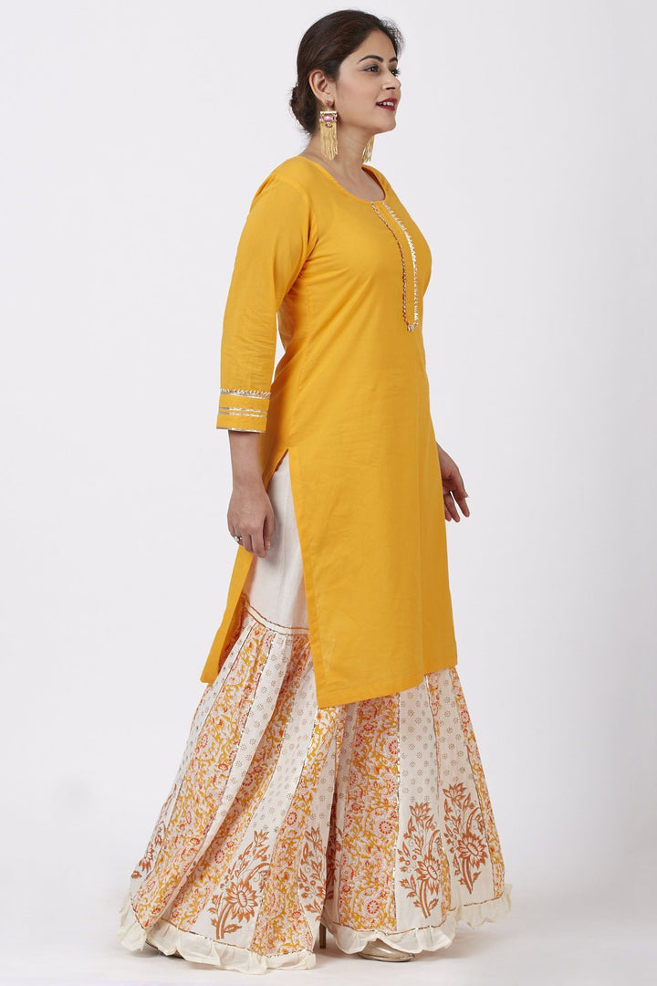 anokherang Combos Mustard Gotta Kurti with Mustard Khadhi Floral Printed Kali Ruffle Gharara