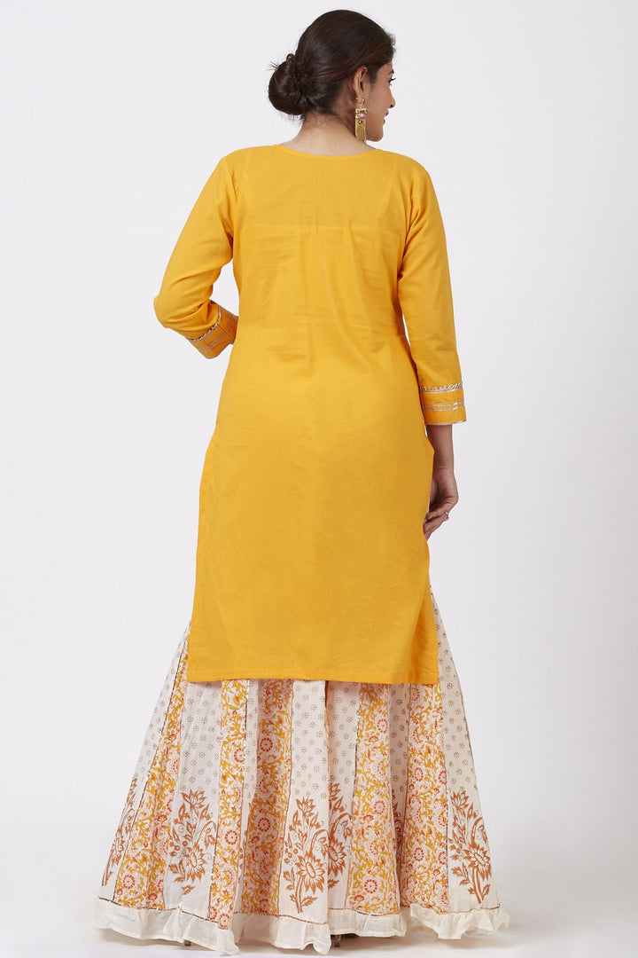 anokherang Combos Mustard Gotta Kurti with Mustard Khadhi Floral Printed Kali Ruffle Gharara