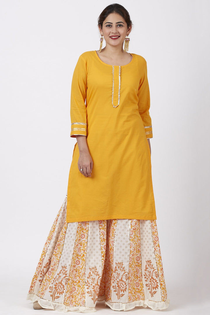 anokherang Combos Mustard Gotta Kurti with Mustard Khadhi Floral Printed Kali Ruffle Gharara