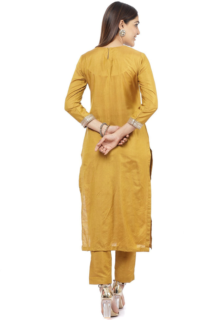 anokherang Combos Mustard Gotta Silk Kurti with Straight Pants and Gold Mirror Paisley Dupatta