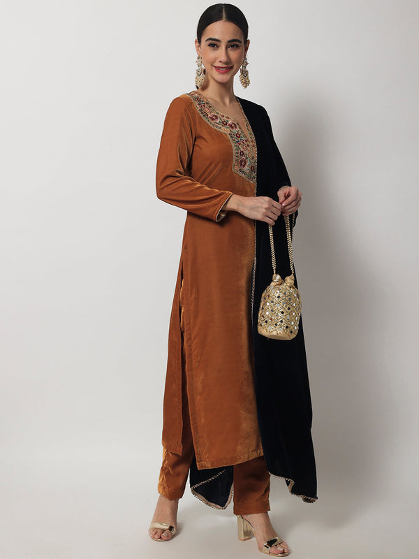 anokherang Combos Mustard Jade Velvet Kurti with Straight Pants and Navy Blue Velvet Stole