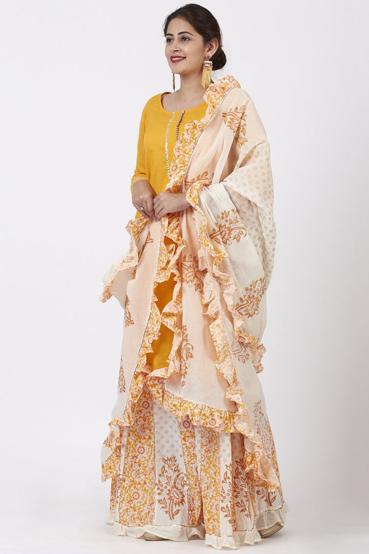 anokherang Combos Mustard Kurti with Printed Kali Ruffle Palazzo and Ruffle Dupatta