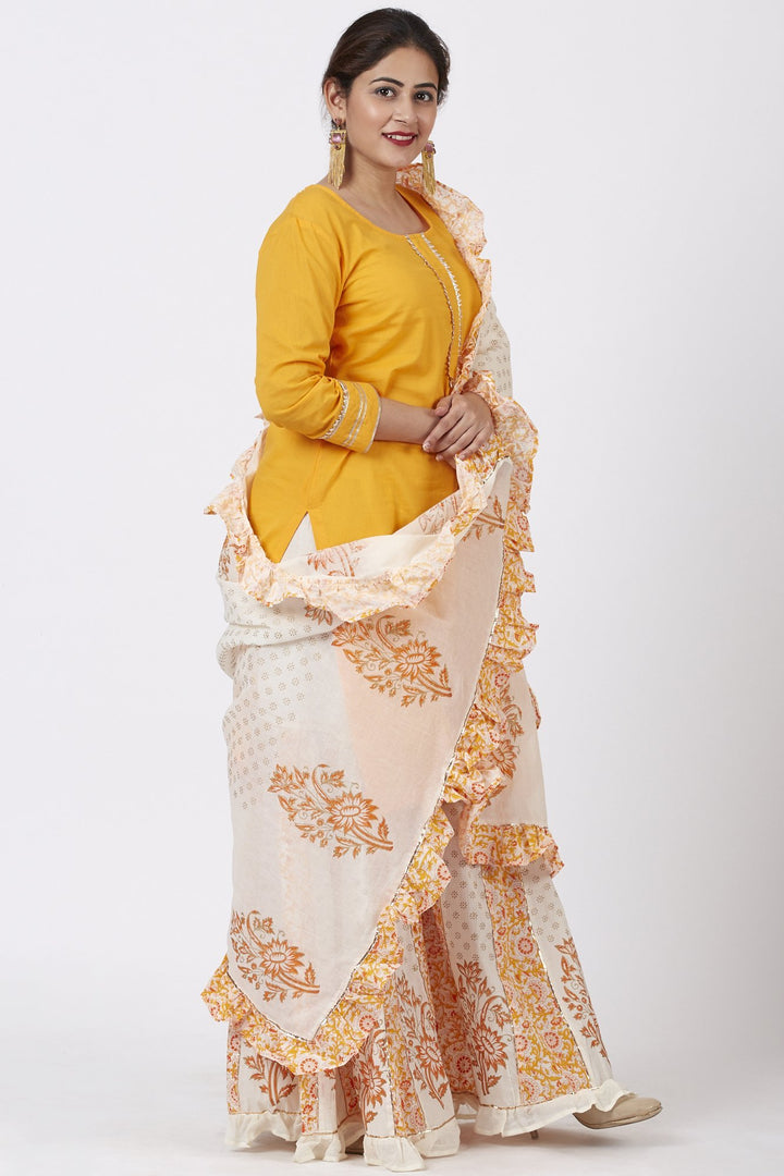 anokherang Combos Mustard Kurti with Printed Kali Ruffle Palazzo and Ruffle Dupatta