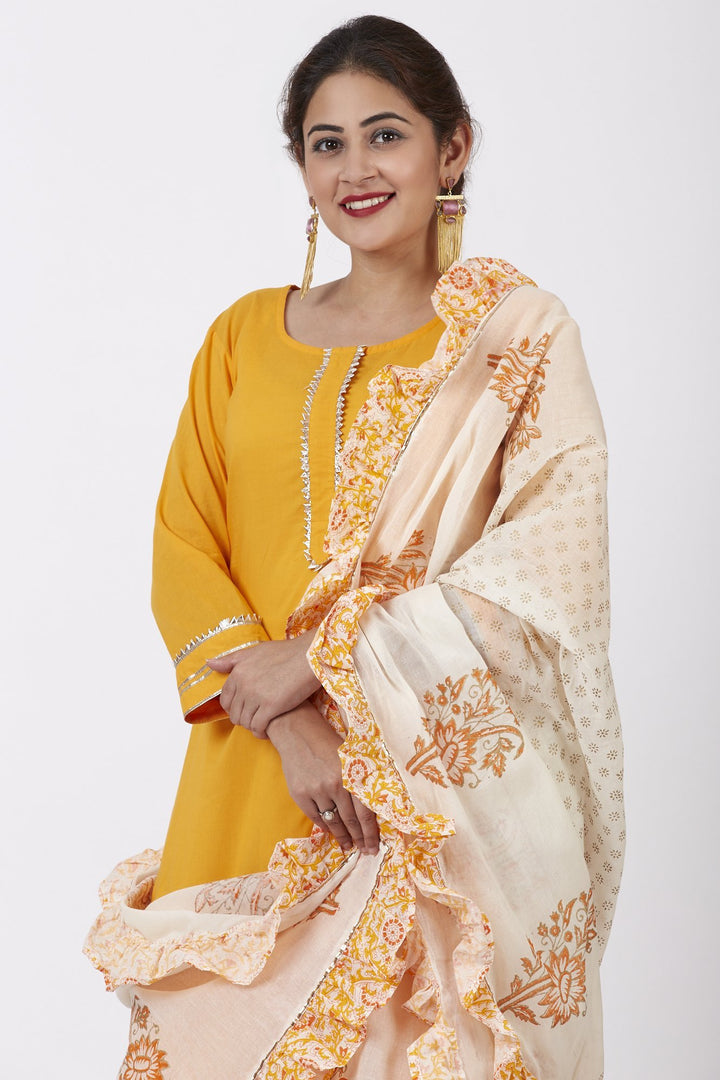 anokherang Combos Mustard Kurti with Printed Kali Ruffle Palazzo and Ruffle Dupatta