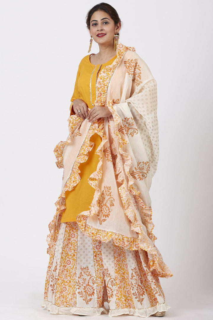 anokherang Combos Mustard Kurti with Printed Kali Ruffle Palazzo and Ruffle Dupatta