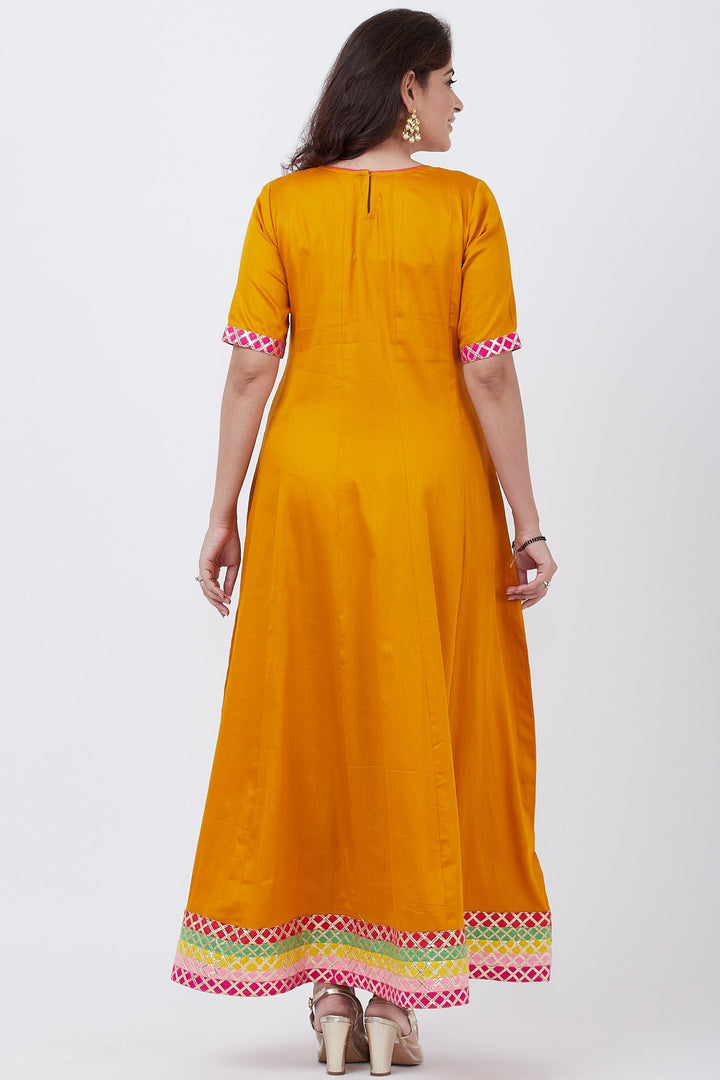 anokherang Combos Mustard Multi Border Gotta Floor Length Kurti with Festive Phulkari Dupatta