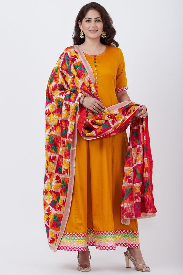anokherang Combos Mustard Multi Border Gotta Floor Length Kurti with Festive Phulkari Dupatta