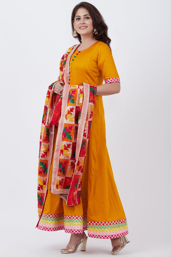 anokherang Combos Mustard Multi Border Gotta Floor Length Kurti with Festive Phulkari Dupatta