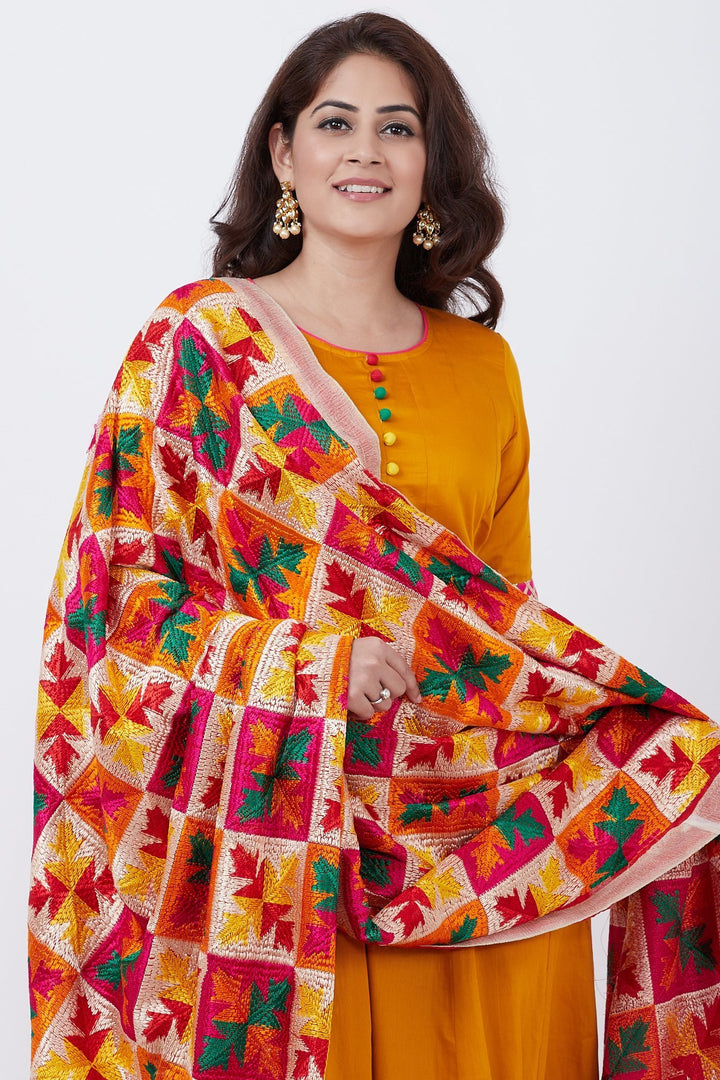 anokherang Combos Mustard Multi Border Gotta Floor Length Kurti with Festive Phulkari Dupatta
