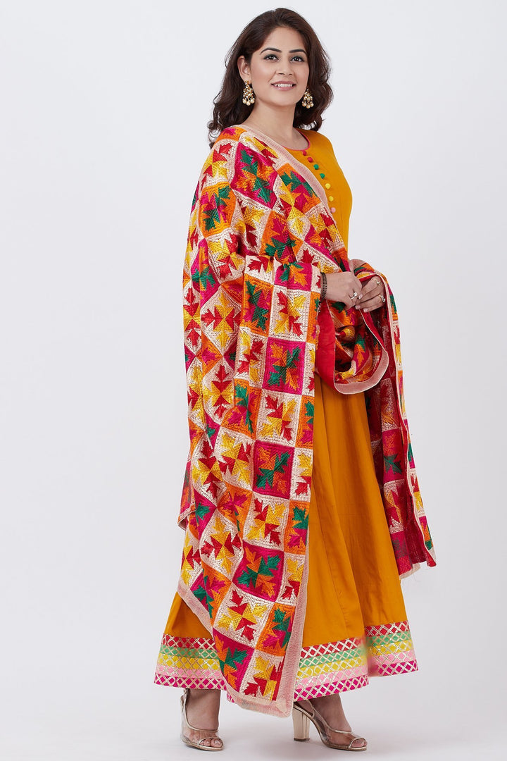 anokherang Combos Mustard Multi Border Gotta Floor Length Kurti with Festive Phulkari Dupatta