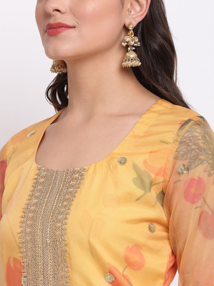 anokherang Combos Mustard Organza Ruffled Sleeve Straight Kurti with Kalidaar Palazzo and Shaded Sequin Dupatta