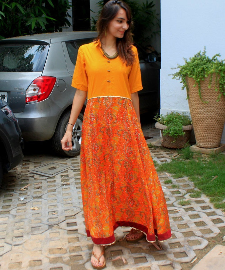 anokherang Combos Mustard Rang Paneled Floor Length Kurti