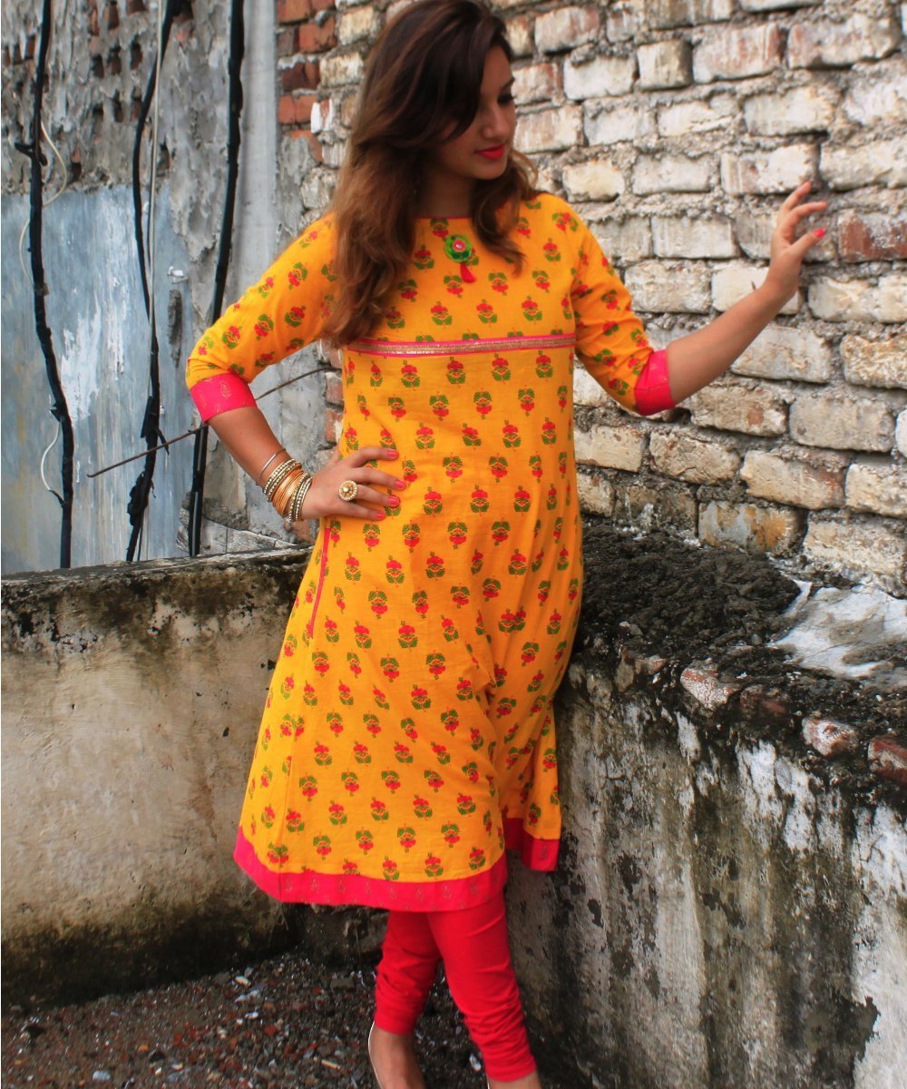 Embroidered Cotton Silk Straight Kurta in Orange : TJW2212