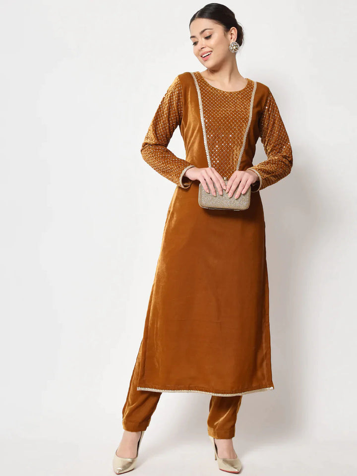 anokherang Combos Mustard Sequin Yoke Velvet Kurti