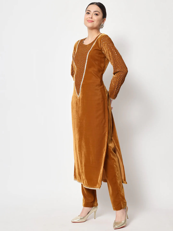 anokherang Combos Mustard Sequin Yoke Velvet Kurti with Straight Pants