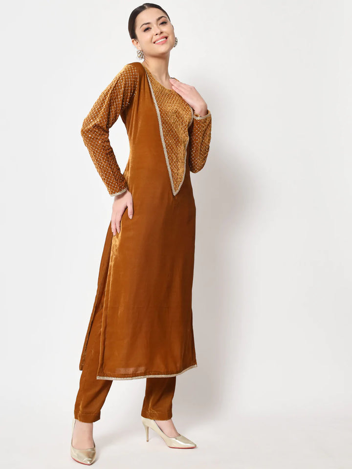 anokherang Combos Mustard Sequin Yoke Velvet Kurti with Straight Pants