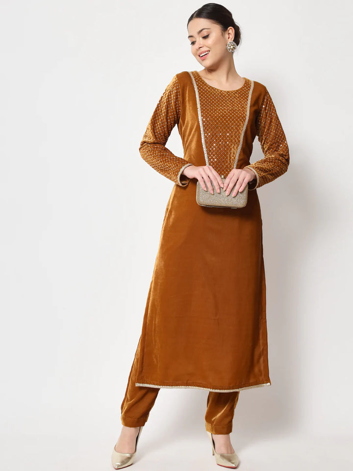 anokherang Combos Mustard Sequin Yoke Velvet Kurti with Straight Pants