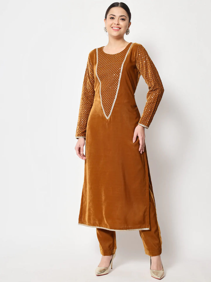 anokherang Combos Mustard Sequin Yoke Velvet Kurti with Straight Pants